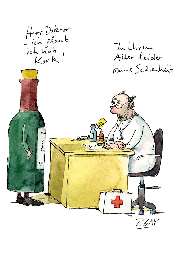 Peter Gaymann Postkarte Herr Doktor - ich glaub ich hab Kork!, Wein, Krankheit, Arzt, Arztbesuch, trinken genießen