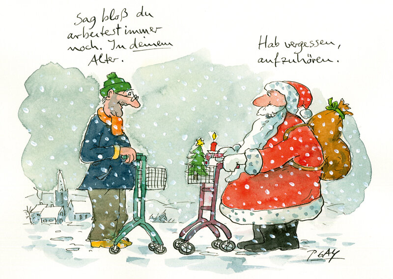Weihnachten, Weihnachtsmann, Demenz, Postkarte, Peter Gaymann, Cartoonist, Cartoon, Arbeiten im Alter, Rollator