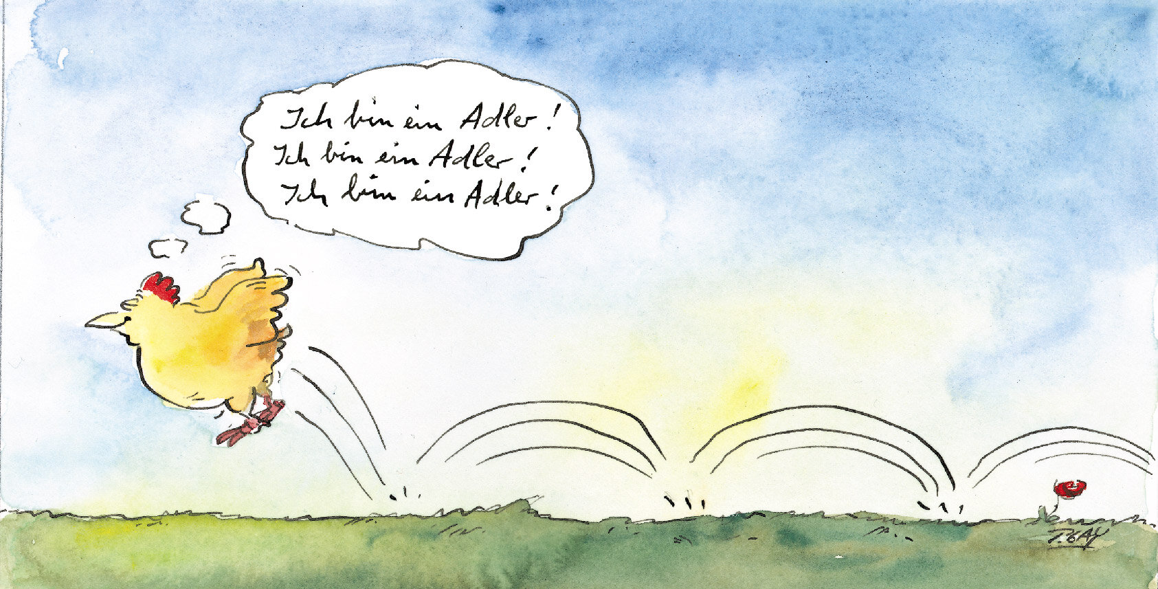 Peter Gaymann, Ich bin ein Adler, Postkarte XXL, Huhn, springen, fliegen, wolkenloser Himmel