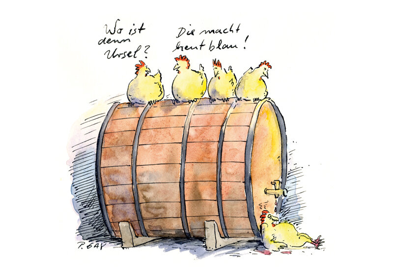 Zeichnungen des Cartoonisten Peter Gaymann, Wein, Hühner, Saufen, PG3273, Ursel, Winzer, trinken Durst