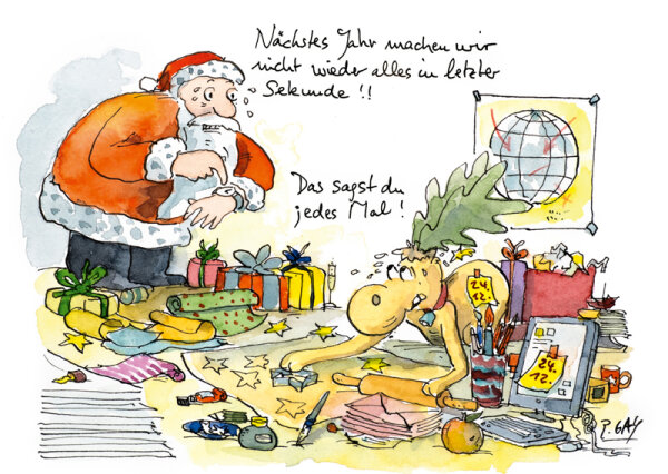 Peter Gaymann Postkarte Weihnachten Alles in letzter Sekunde machen