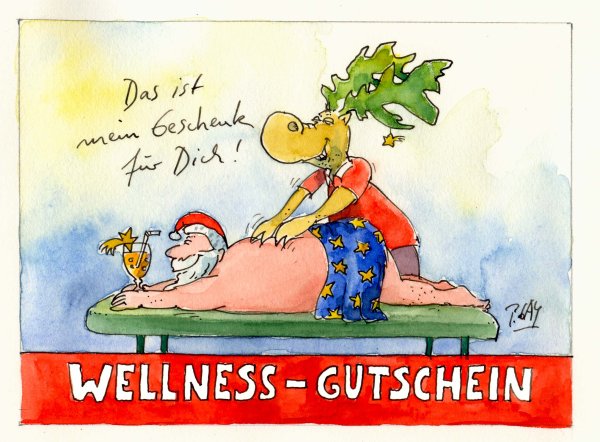 Peter Gaymann Briefkarte Weihnachten Wellness-Gutschein