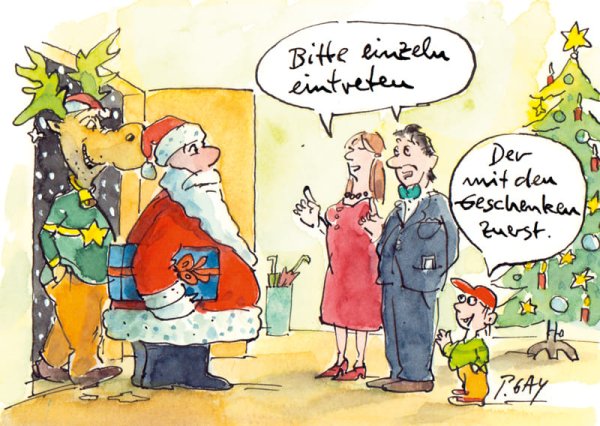 Peter Gaymann Postkarte Weihnachten Bitte einzeln eintreten