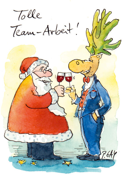 Peter Gaymann Postkarte Weihnachten Team-Arbeit! (Kandidat für Nachdruck)