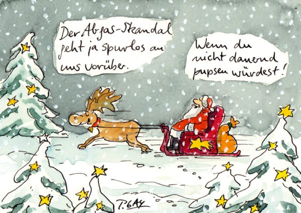 Peter Gaymann Postkarte Weihnachten Der Abgas-Skandal geht ja spurlos an uns vorüber