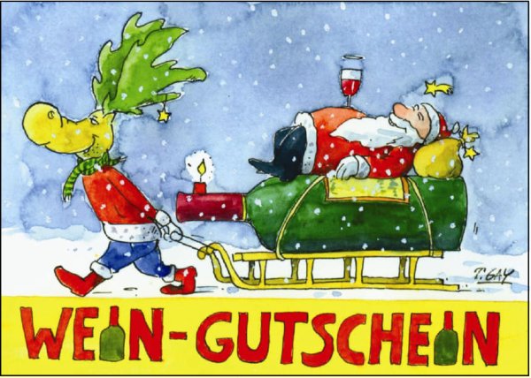 Peter Gaymann Postkarte Weihnachten Wein-Gutschein