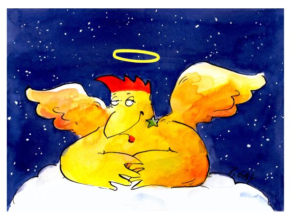 Peter Gaymann Postkarte Weihnachten Engelhuhn