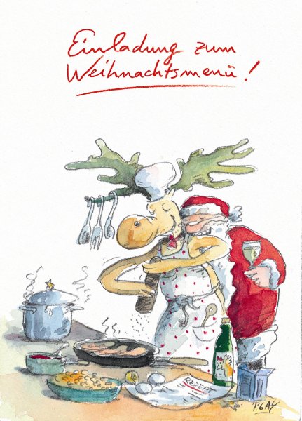 Peter Gaymann Postkarte Weihnachten Weihnachtsmenü